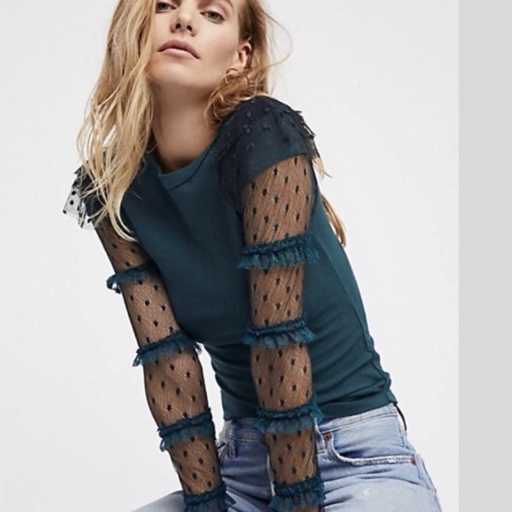 Free People Kiss Kiss Turquoise Lace Ruffled Top